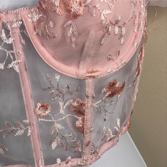 Romwe Womens Coquette Babydoll Corset Top NWOT Small Pink Sheer Going Out Floral - Picture 5 of 9